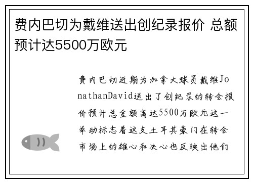 费内巴切为戴维送出创纪录报价 总额预计达5500万欧元