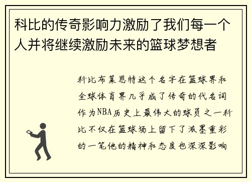 科比的传奇影响力激励了我们每一个人并将继续激励未来的篮球梦想者